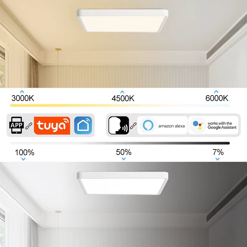 Smart LED Ceiling Lamp with Wood Grain Finish - App and Voice Control Compatible with Alexa/Google - Square Design for Living Room
