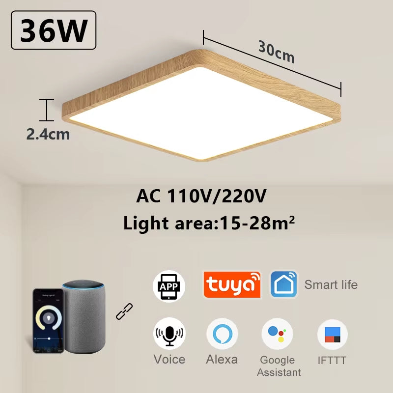 Smart LED Ceiling Lamp with Wood Grain Finish - App and Voice Control Compatible with Alexa/Google - Square Design for Living Room