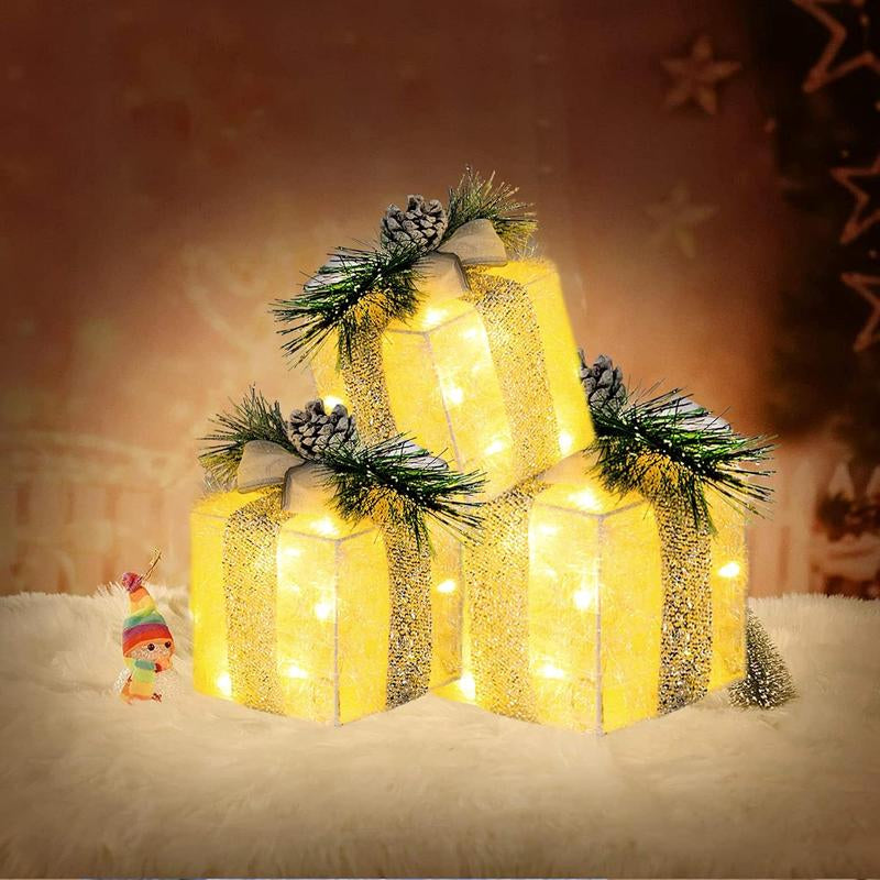 Set of 3 Christmas Lighted Gift Boxes, Pre-Lit 60 LED Light up Present Boxes Ornament Outdoor Warm White Tinsel Boxes Decoration for Indoor Christmas Home Yard Lawn Decor