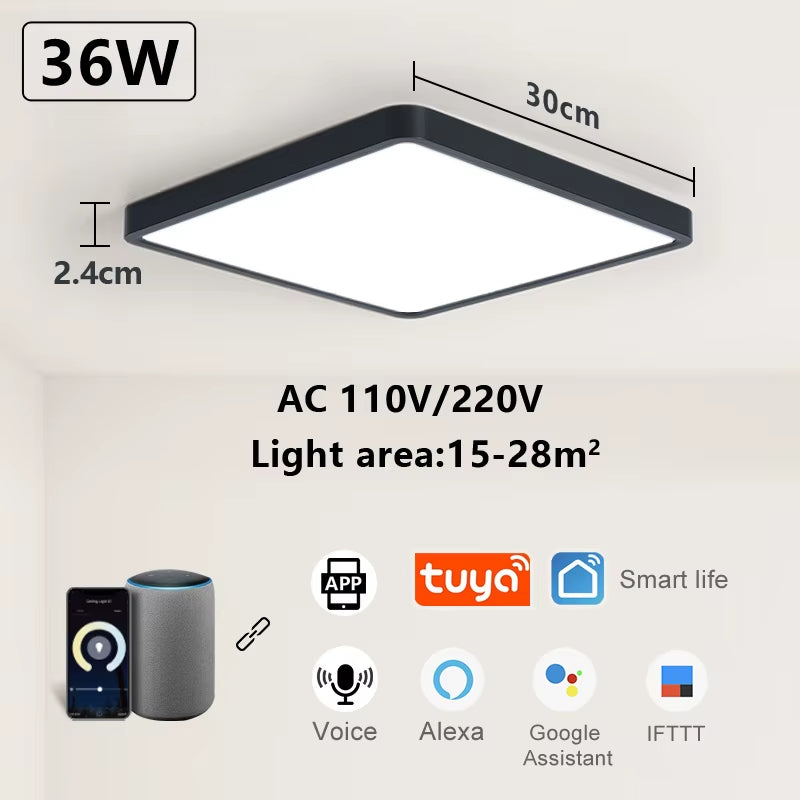 Smart LED Ceiling Lamp with Wood Grain Finish - App and Voice Control Compatible with Alexa/Google - Square Design for Living Room