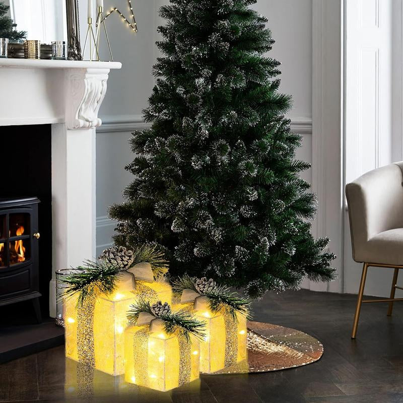 Set of 3 Christmas Lighted Gift Boxes, Pre-Lit 60 LED Light up Present Boxes Ornament Outdoor Warm White Tinsel Boxes Decoration for Indoor Christmas Home Yard Lawn Decor