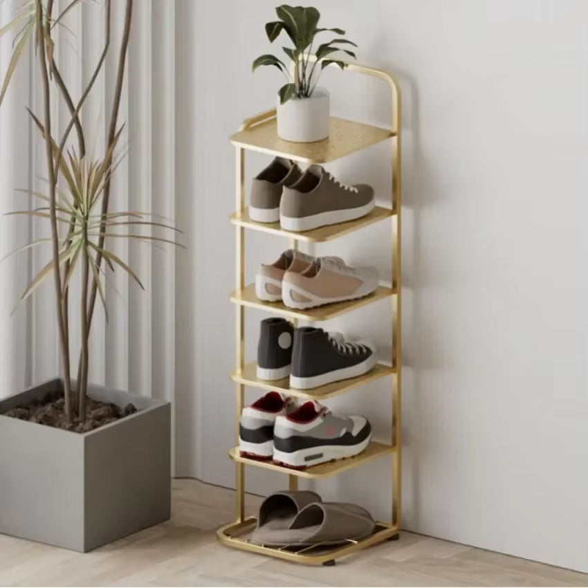 Contemporary Metal Shoe Rack with Vertical Storage and Multi-Functional Shelves for Home Entrance and Plant Display