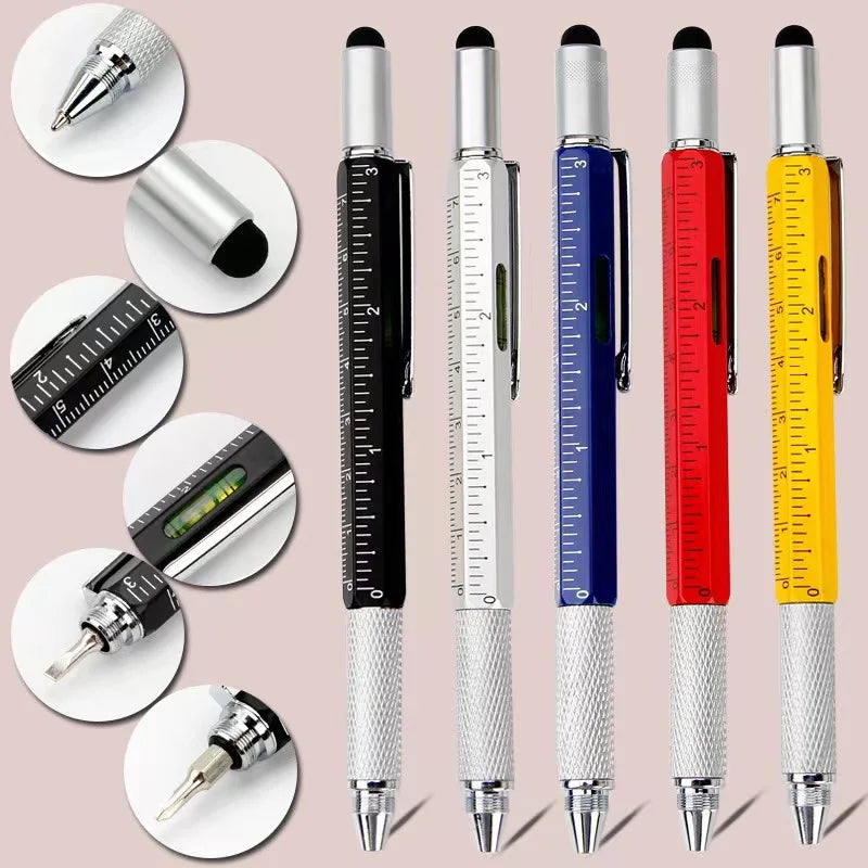 7-in-1 Multifunctional Ballpoint Pen with Integrated Measuring Tool, Technical Ruler, Screwdriver, Touchscreen Stylus, and Spirit Level