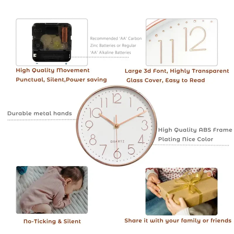 8-Inch Quartz Wall Clock - Silent, Hole-Free Design for Home and Bedroom Decoration