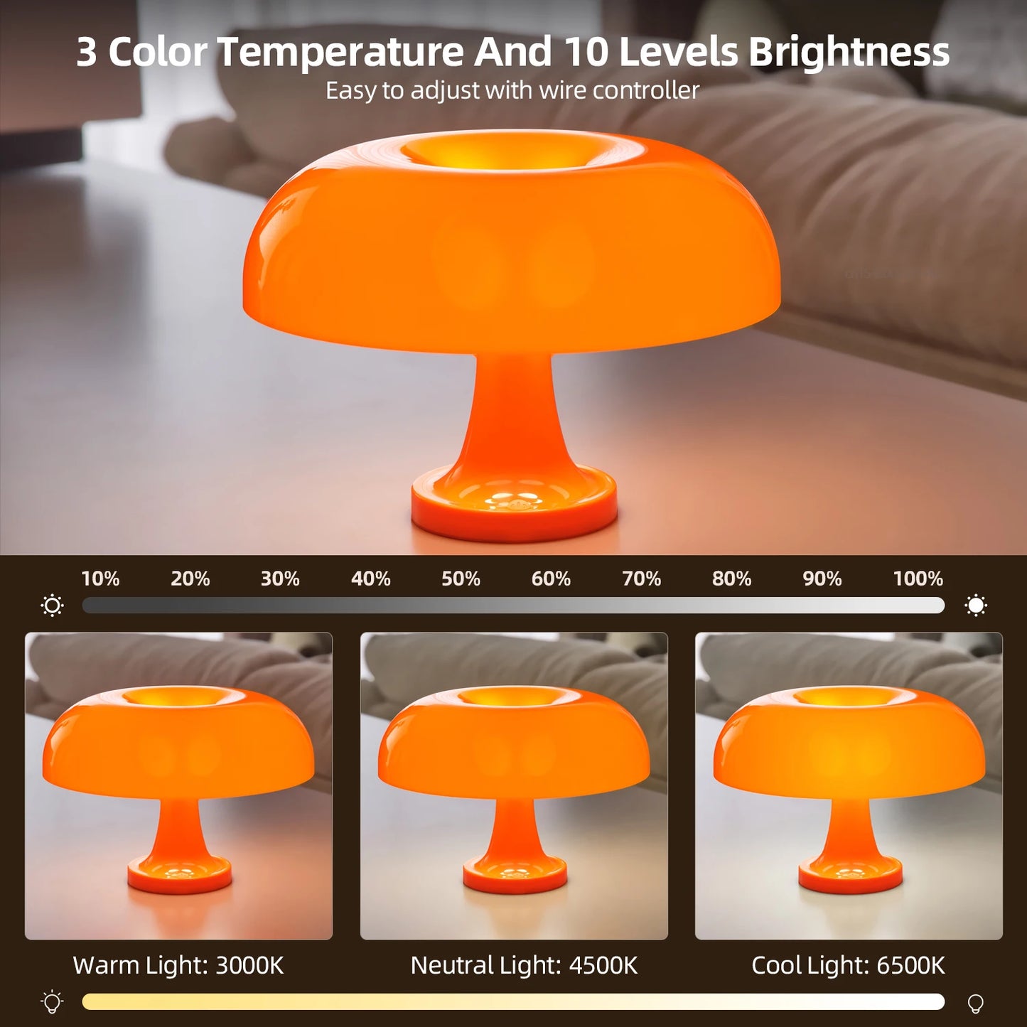 Classic Bauhaus-Inspired Mushroom Table Lamp - Modern Danish Design for Bedroom or Bedside, Orange Decorative Accent