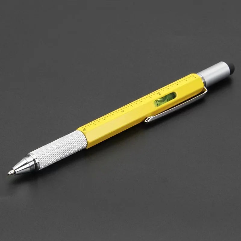 7-in-1 Multifunctional Ballpoint Pen with Integrated Measuring Tool, Technical Ruler, Screwdriver, Touchscreen Stylus, and Spirit Level