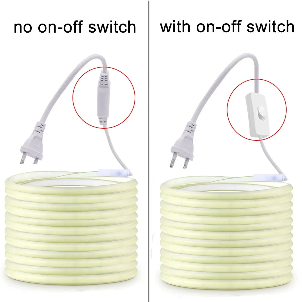 220V Waterproof COB LED Strip with ON/OFF Switch - Flexible Ribbon for Indoor and Outdoor Lighting in Rooms, Bedrooms, Kitchens, and Gardens