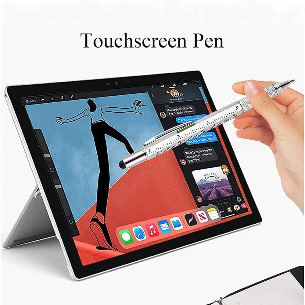 7-in-1 Multifunctional Ballpoint Pen with Integrated Measuring Tool, Technical Ruler, Screwdriver, Touchscreen Stylus, and Spirit Level