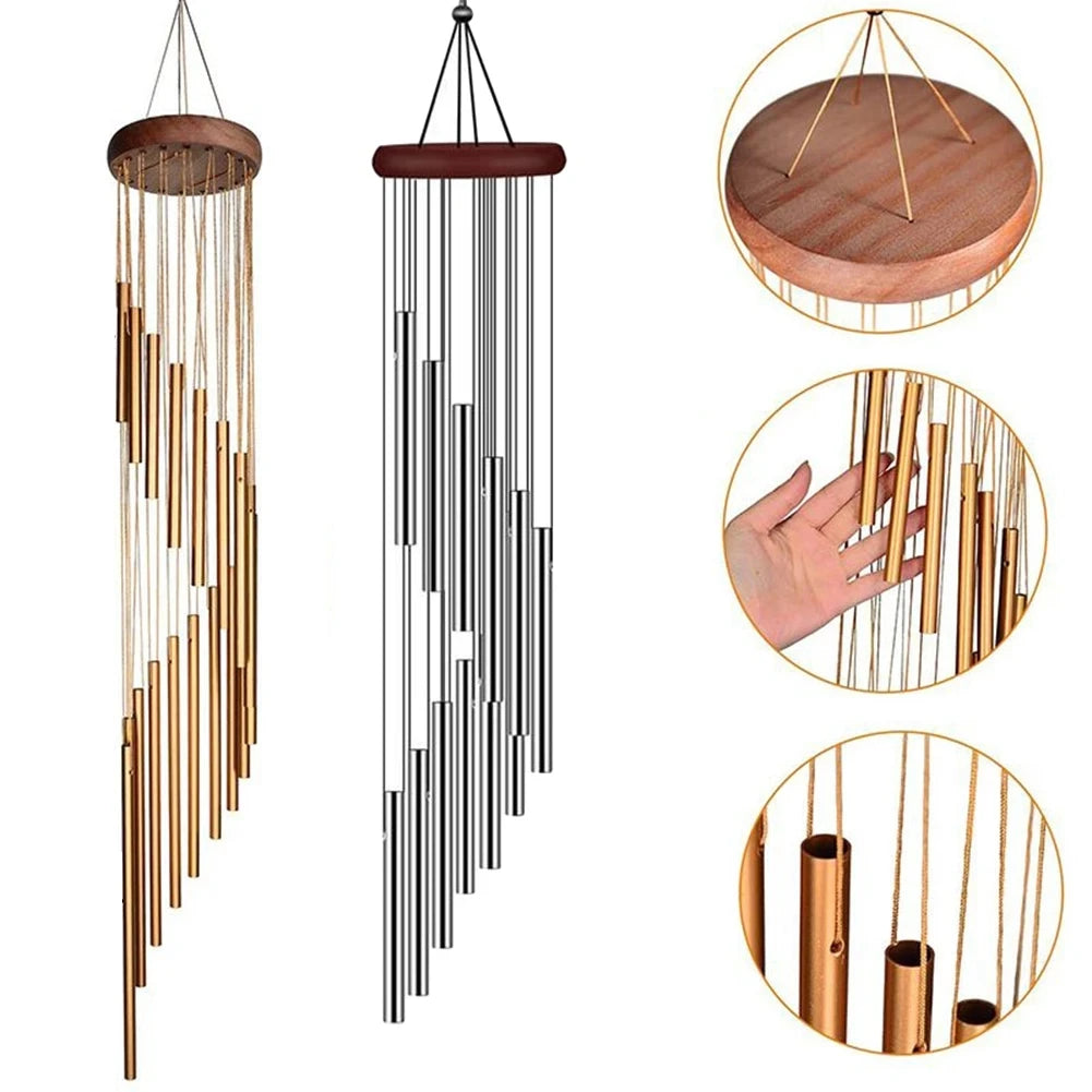 Aluminum Alloy Wind Chimes with 12 Tubes and Hooks - Gold/Silver Bells for Outdoor Home, Wedding, Party, and Memorial Decorations