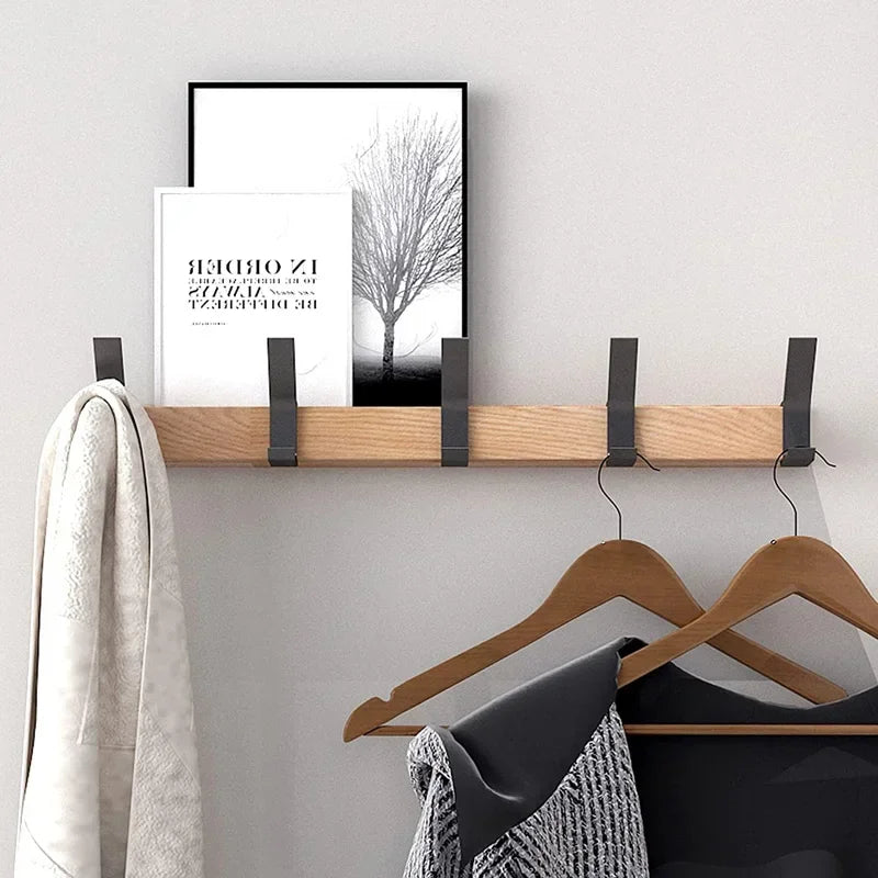Nordic Wall-Mounted Coat Rack with Adjustable 5 Hooks - Aluminum Clothing Rail for Hats, Towels, and Robes - Wooden Hanger Perchero Furniture