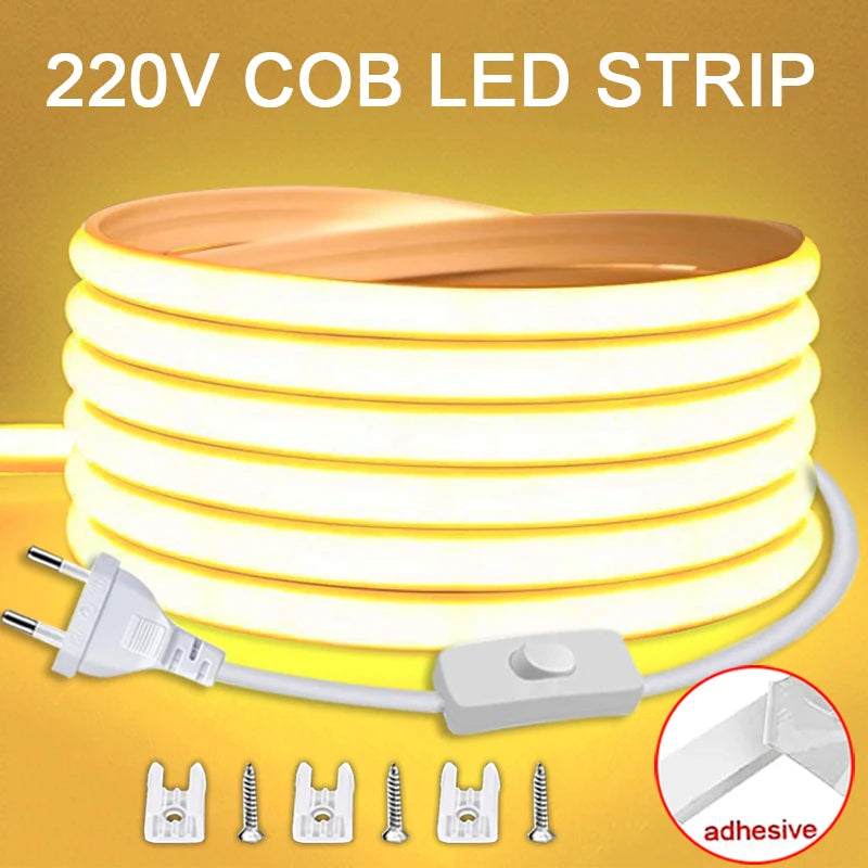 220V Waterproof COB LED Strip with ON/OFF Switch - Flexible Ribbon for Indoor and Outdoor Lighting in Rooms, Bedrooms, Kitchens, and Gardens
