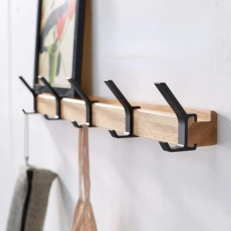 Nordic Wall-Mounted Coat Rack with Adjustable 5 Hooks - Aluminum Clothing Rail for Hats, Towels, and Robes - Wooden Hanger Perchero Furniture