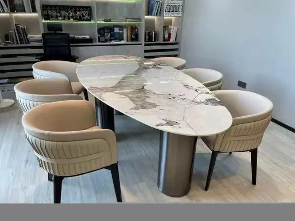 Italian Luxury Stainless Steel Oval Dining Table with Imported Stone Top, Modern Villa Design, Corrosion-Resistant, Heat-Resistant, Easy to Clean