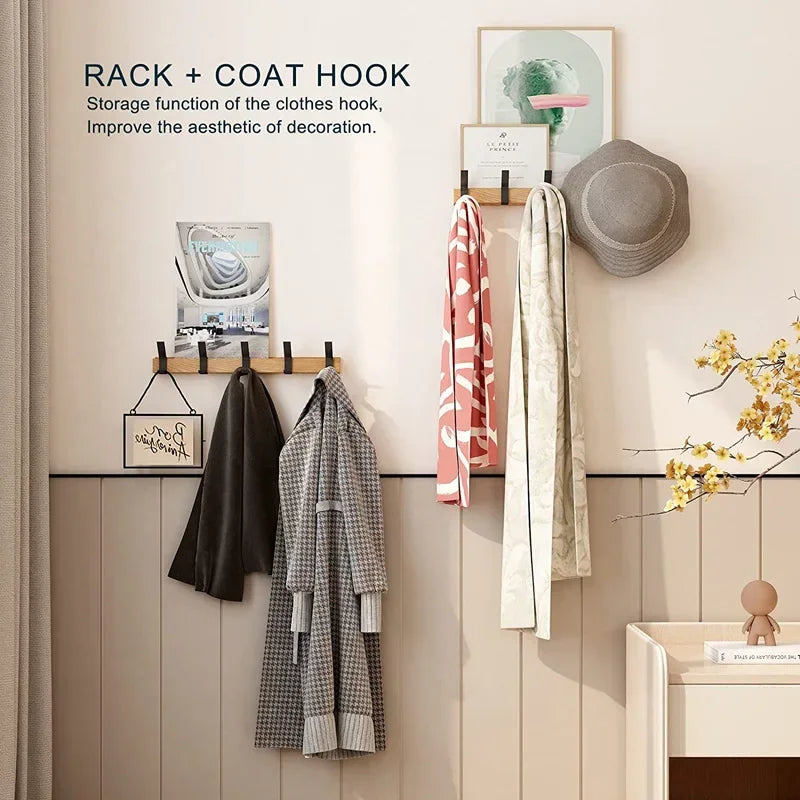 Nordic Wall-Mounted Coat Rack with Adjustable 5 Hooks - Aluminum Clothing Rail for Hats, Towels, and Robes - Wooden Hanger Perchero Furniture