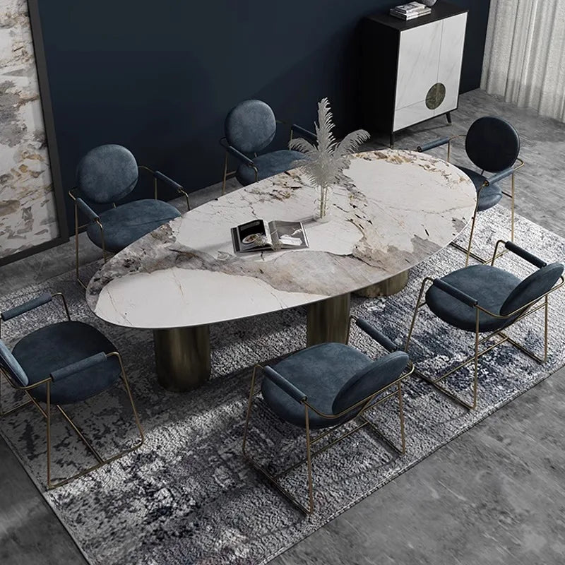 Italian Luxury Stainless Steel Oval Dining Table with Imported Stone Top, Modern Villa Design, Corrosion-Resistant, Heat-Resistant, Easy to Clean