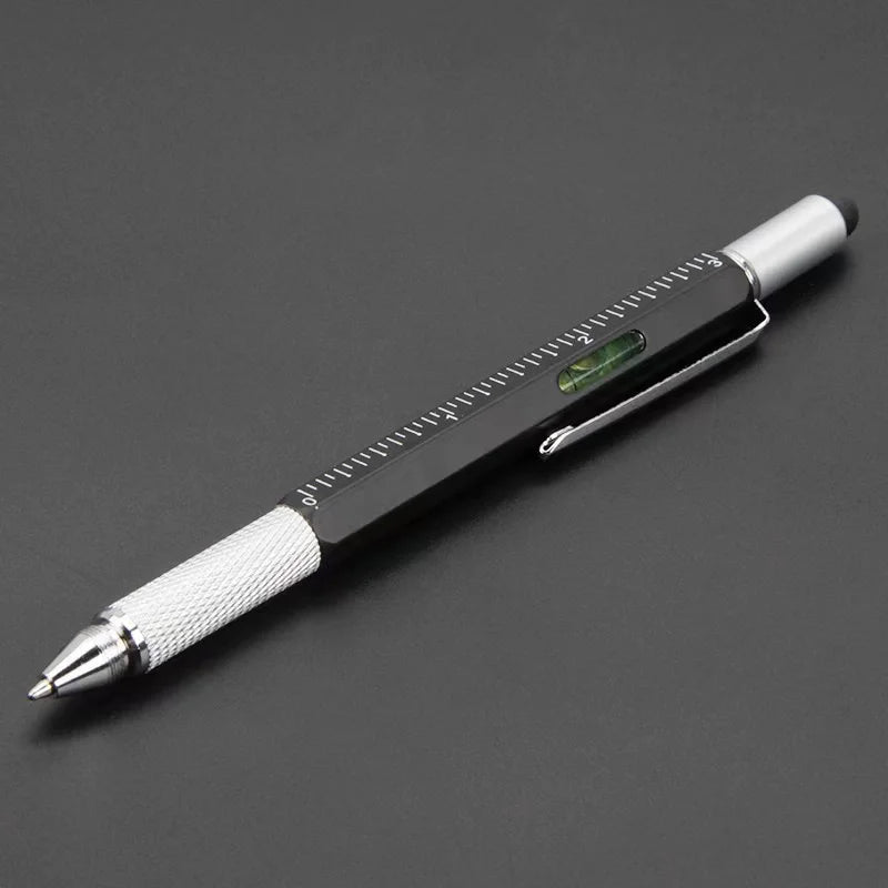 7-in-1 Multifunctional Ballpoint Pen with Integrated Measuring Tool, Technical Ruler, Screwdriver, Touchscreen Stylus, and Spirit Level