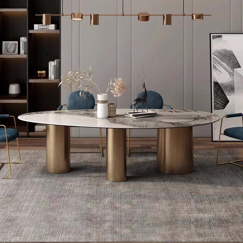 Italian Luxury Stainless Steel Oval Dining Table with Imported Stone Top, Modern Villa Design, Corrosion-Resistant, Heat-Resistant, Easy to Clean