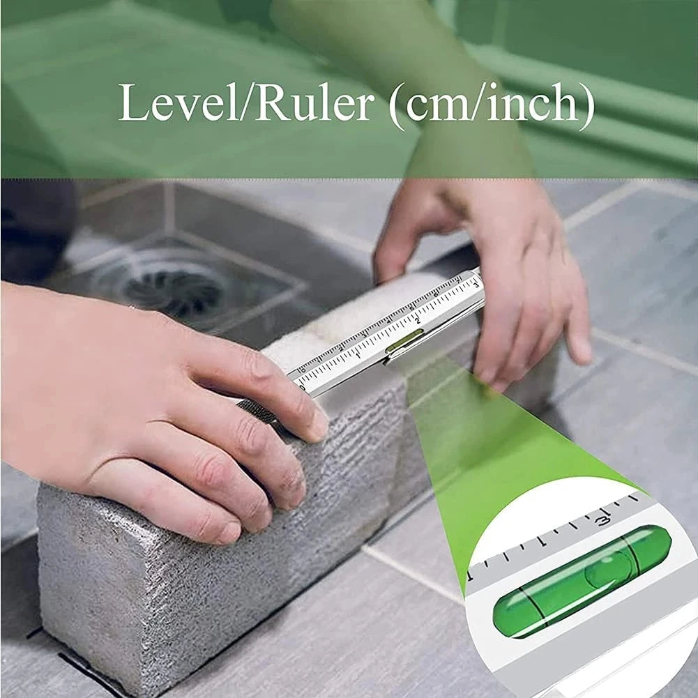 7-in-1 Multifunctional Ballpoint Pen with Integrated Measuring Tool, Technical Ruler, Screwdriver, Touchscreen Stylus, and Spirit Level