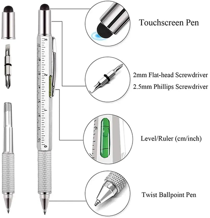 7-in-1 Multifunctional Ballpoint Pen with Integrated Measuring Tool, Technical Ruler, Screwdriver, Touchscreen Stylus, and Spirit Level