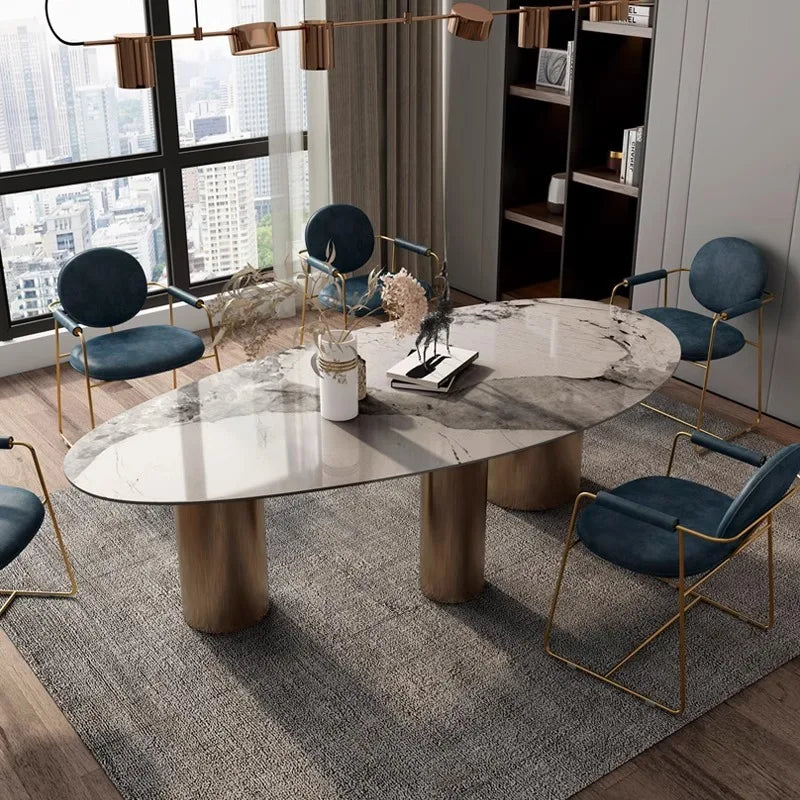Italian Luxury Stainless Steel Oval Dining Table with Imported Stone Top, Modern Villa Design, Corrosion-Resistant, Heat-Resistant, Easy to Clean