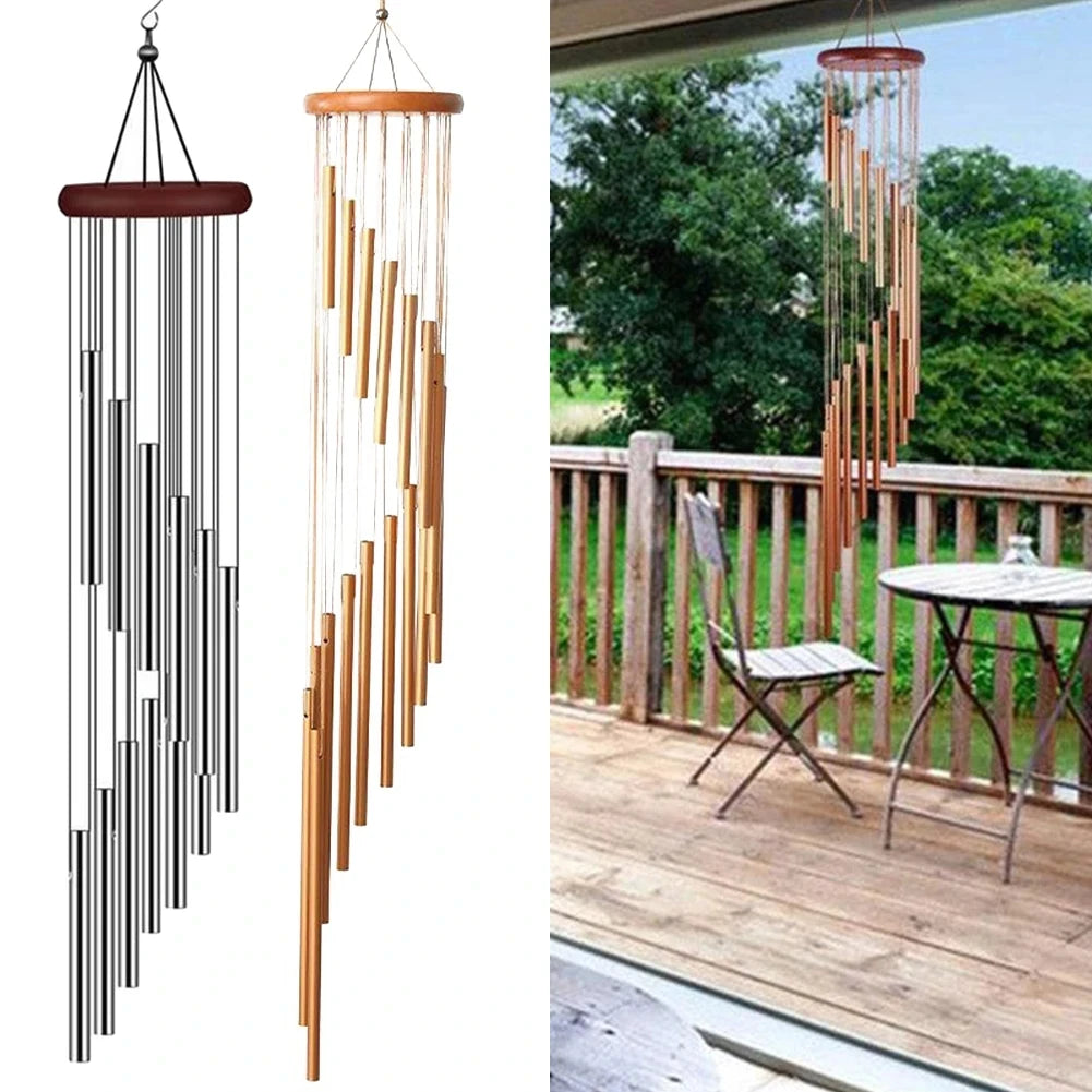 Aluminum Alloy Wind Chimes with 12 Tubes and Hooks - Gold/Silver Bells for Outdoor Home, Wedding, Party, and Memorial Decorations
