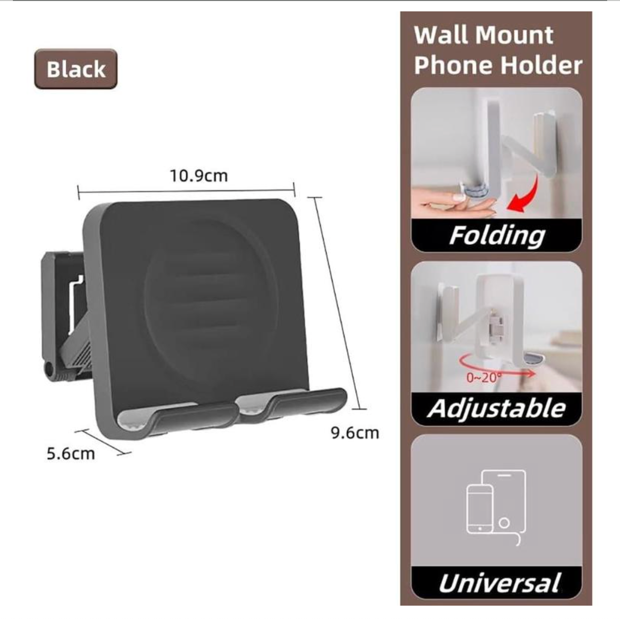 Upgraded Wall Mount Shower Phone Holder with 3 Count Adhesive Stickers | Adjustable and Removable Cell Phone Stand for Bathroom Bedroom Kitchen | Compatible with All Phone and Tablet (Black)