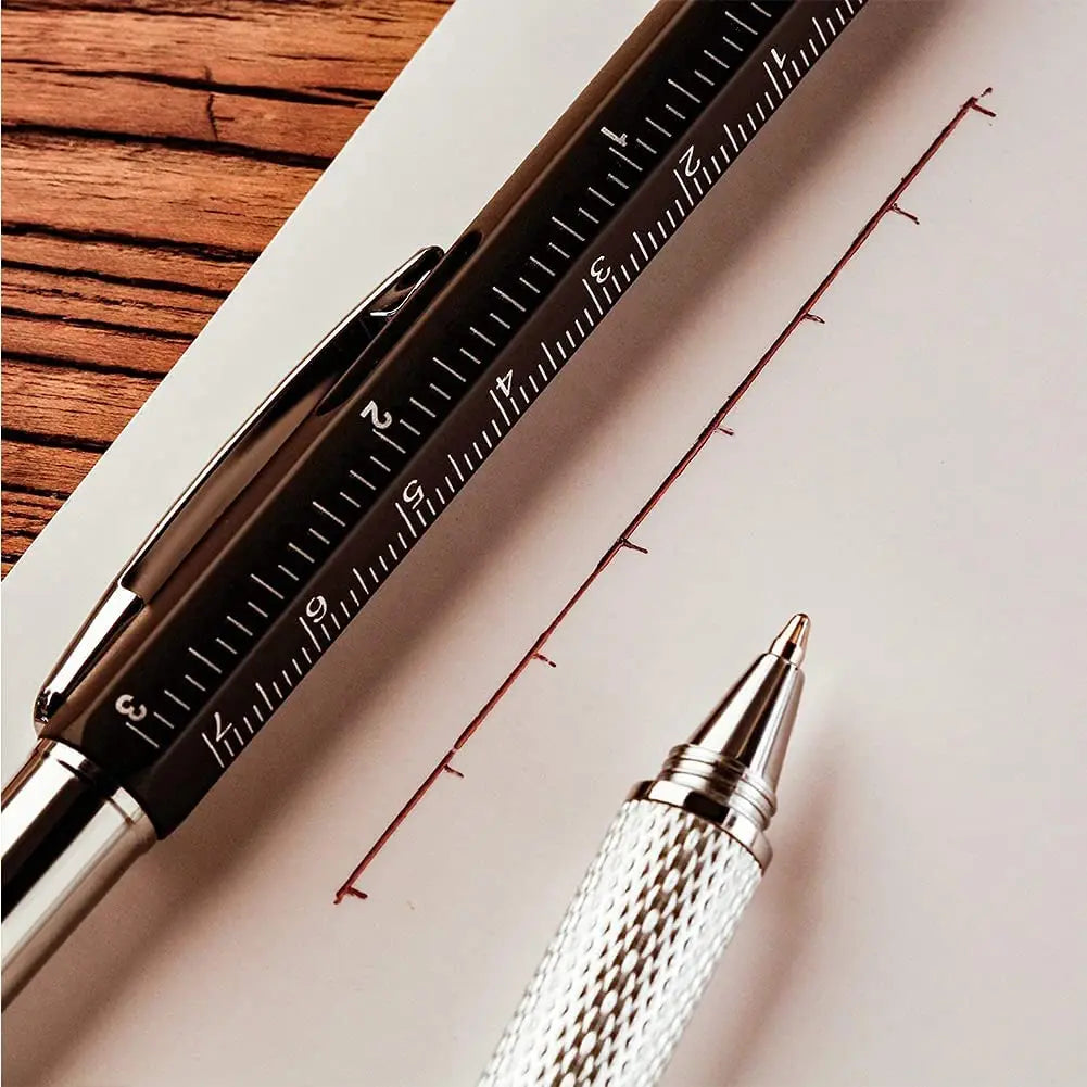 7-in-1 Multifunctional Ballpoint Pen with Integrated Measuring Tool, Technical Ruler, Screwdriver, Touchscreen Stylus, and Spirit Level
