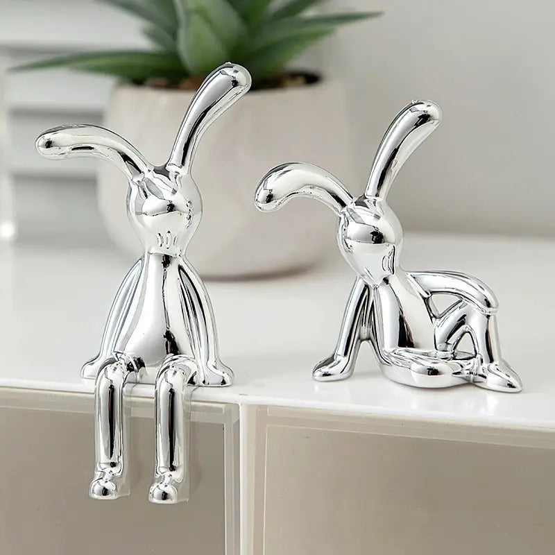 Set of 2 Long-Eared Rabbit Statues - Cartoon Decorative Accents for Living Room, Bedroom, and Car Desktop Ornaments