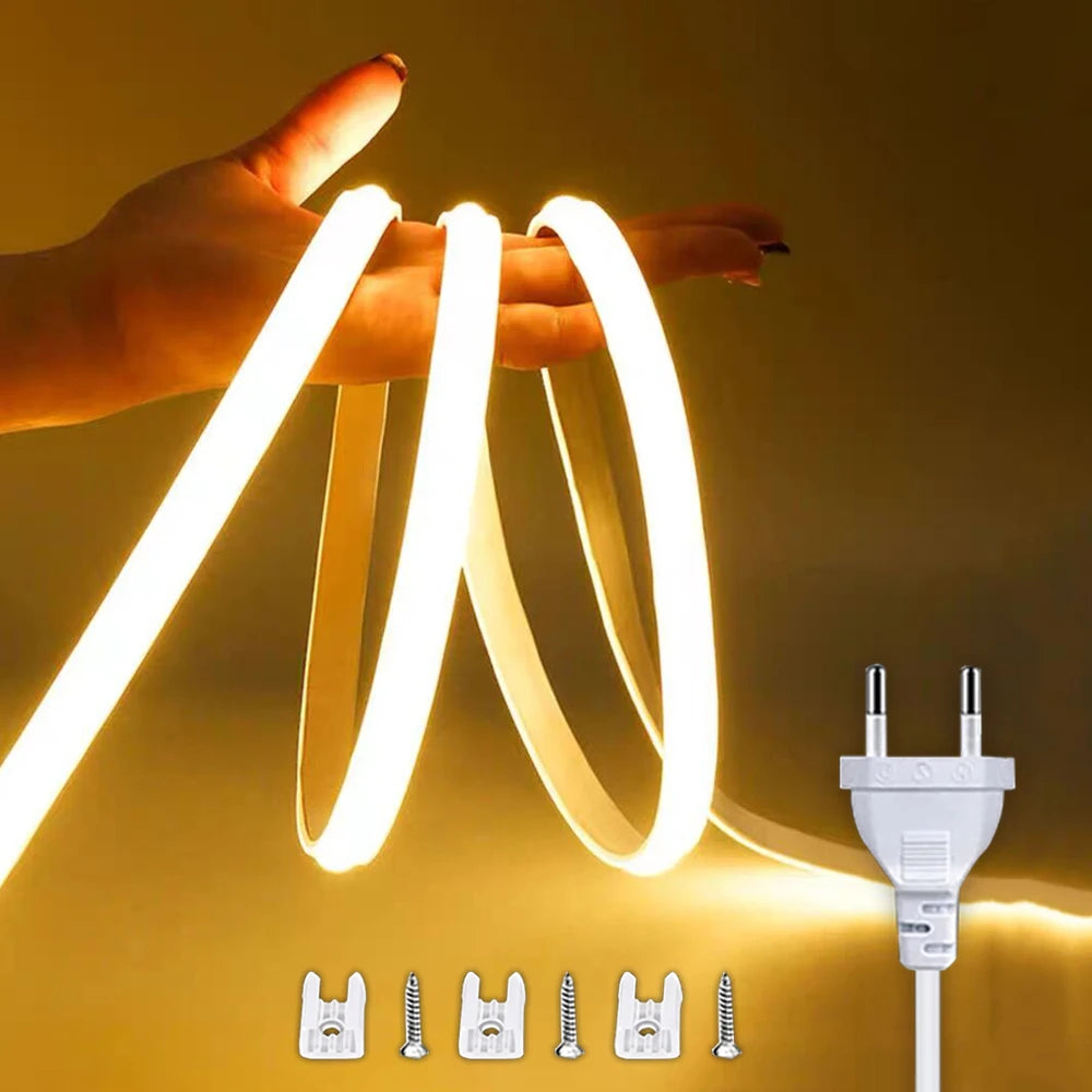 220V Waterproof COB LED Strip with ON/OFF Switch - Flexible Ribbon for Indoor and Outdoor Lighting in Rooms, Bedrooms, Kitchens, and Gardens