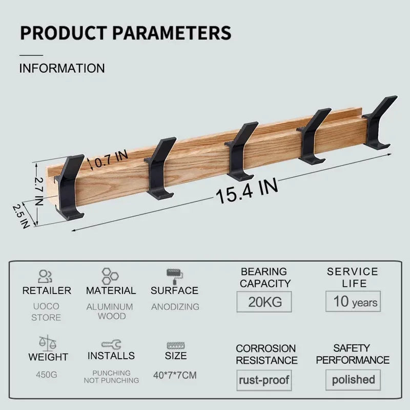 Nordic Wall-Mounted Coat Rack with Adjustable 5 Hooks - Aluminum Clothing Rail for Hats, Towels, and Robes - Wooden Hanger Perchero Furniture