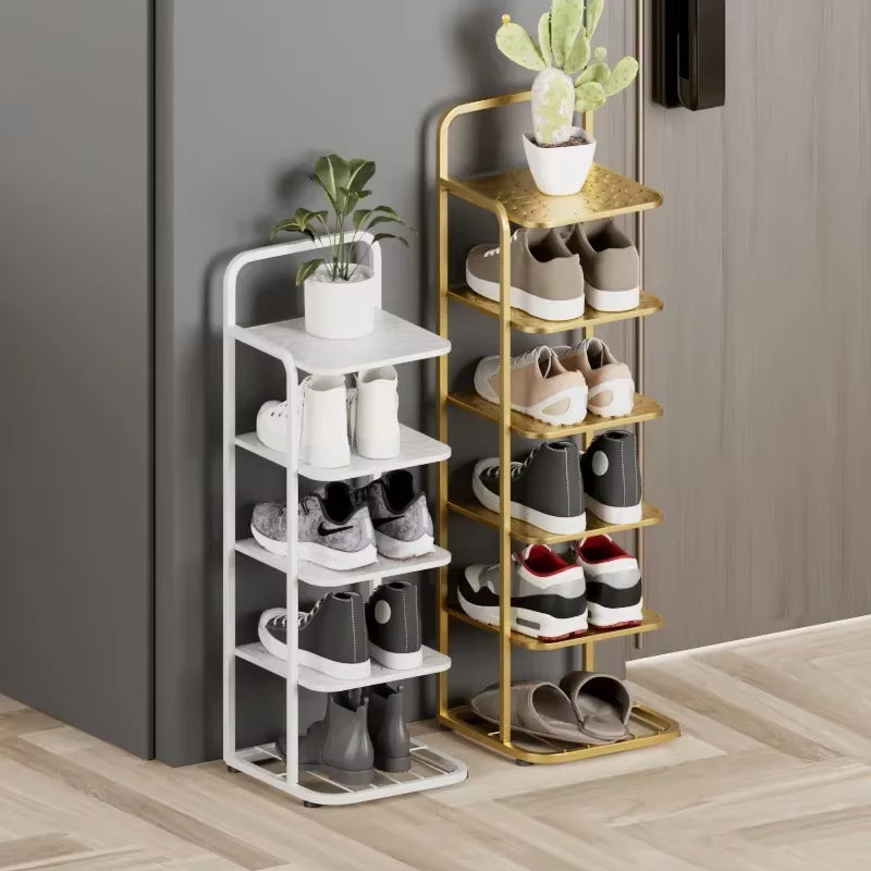 Contemporary Metal Shoe Rack with Vertical Storage and Multi-Functional Shelves for Home Entrance and Plant Display