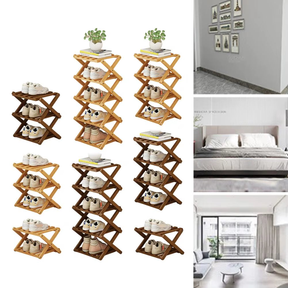 Bamboo Folding Shoe Rack - Space-Saving Wooden Organizer for Entryway with Sturdy Construction and Ample Storage Capacity
