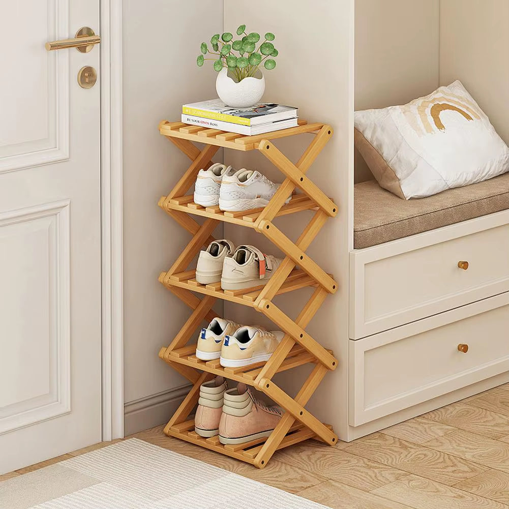 Bamboo Folding Shoe Rack - Space-Saving Wooden Organizer for Entryway with Sturdy Construction and Ample Storage Capacity