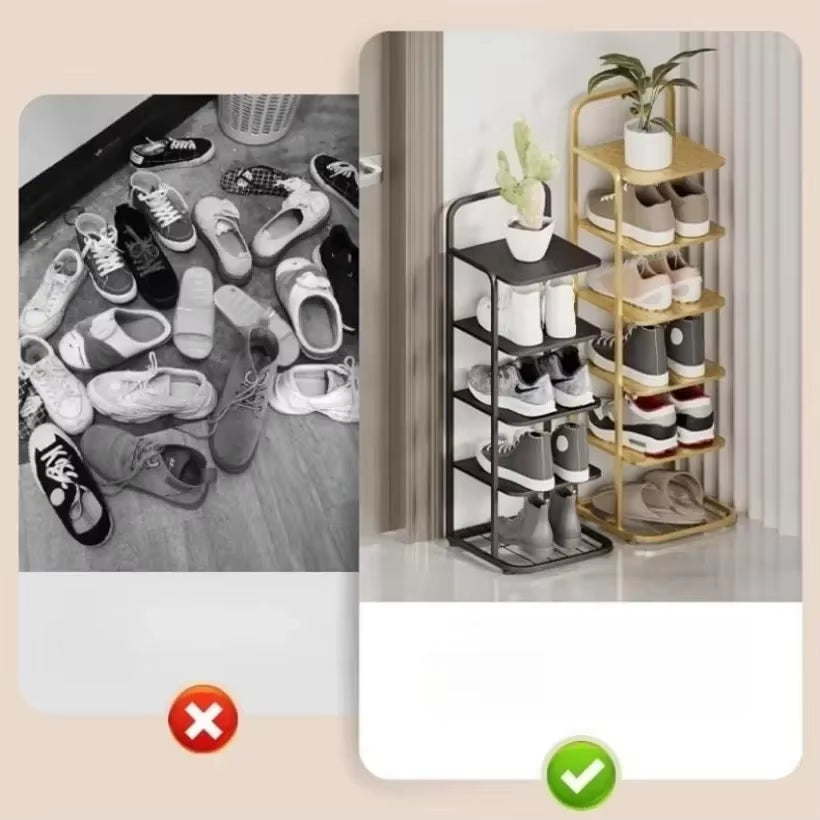 Contemporary Metal Shoe Rack with Vertical Storage and Multi-Functional Shelves for Home Entrance and Plant Display