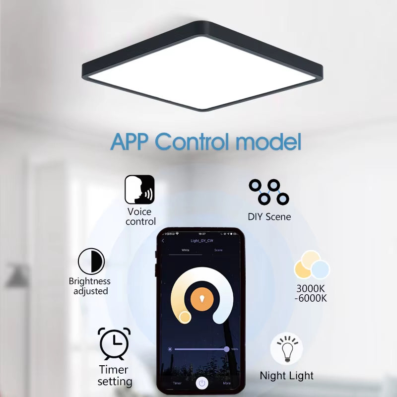 Smart LED Ceiling Lamp with Wood Grain Finish - App and Voice Control Compatible with Alexa/Google - Square Design for Living Room
