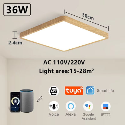 Smart LED Ceiling Lamp with Wood Grain Finish - App and Voice Control Compatible with Alexa/Google - Square Design for Living Room
