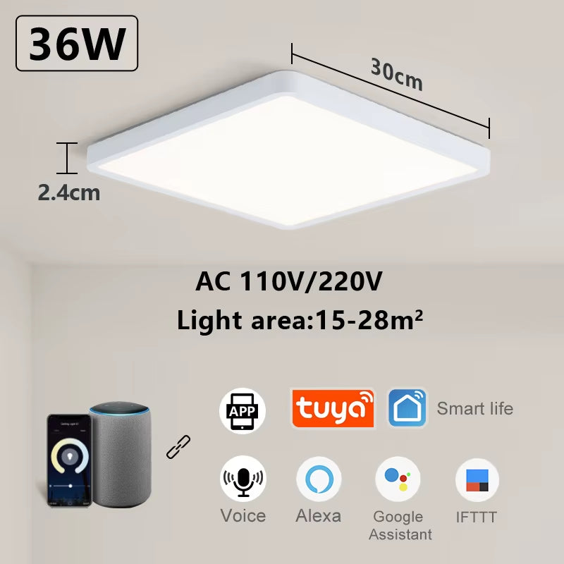 Smart LED Ceiling Lamp with Wood Grain Finish - App and Voice Control Compatible with Alexa/Google - Square Design for Living Room