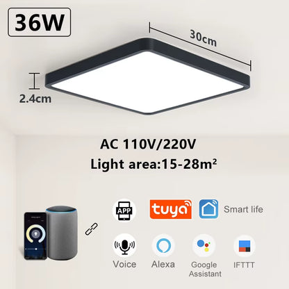 Smart LED Ceiling Lamp with Wood Grain Finish - App and Voice Control Compatible with Alexa/Google - Square Design for Living Room