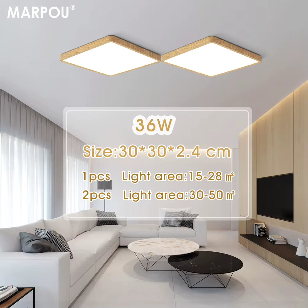 Smart LED Ceiling Lamp with Wood Grain Finish - App and Voice Control Compatible with Alexa/Google - Square Design for Living Room