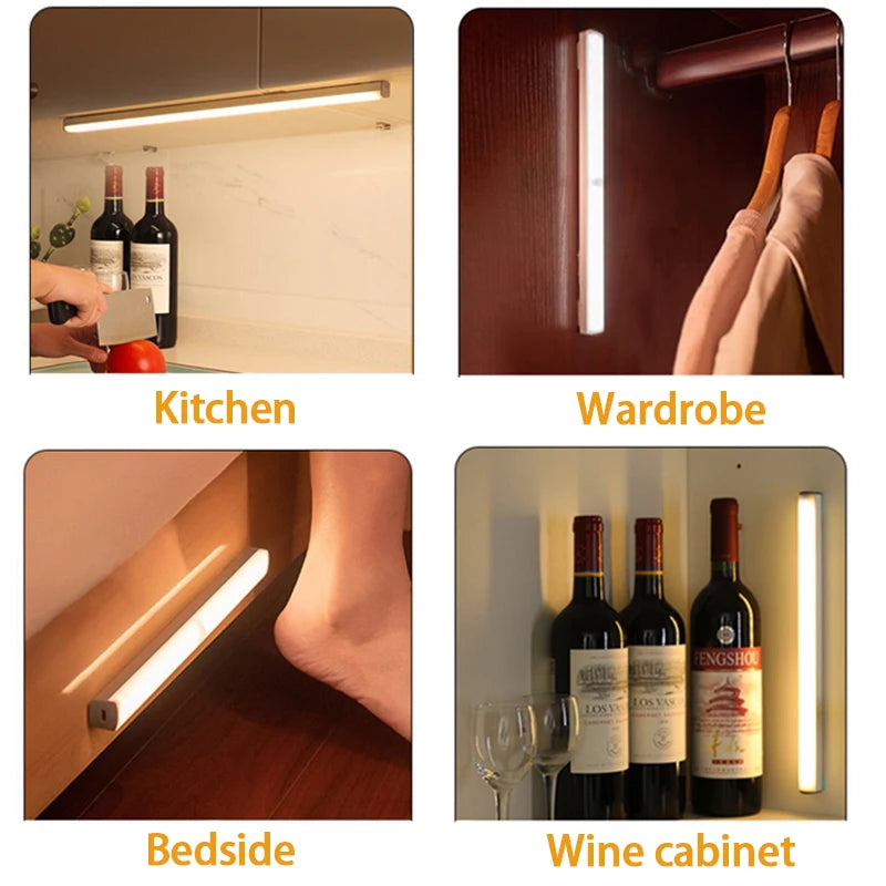 Wireless LED Motion Sensor Night Light - Rechargeable Type C Cabinet and Wardrobe Lamp for Staircase and Kitchen Backlighting