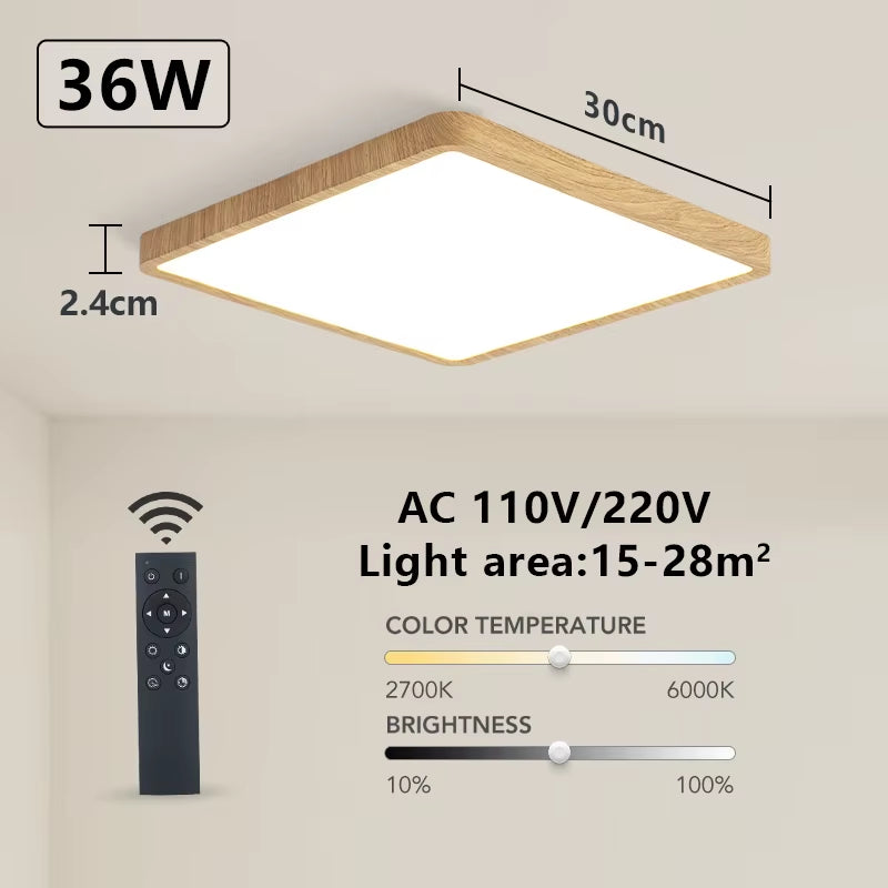 Smart LED Ceiling Lamp with Wood Grain Finish - App and Voice Control Compatible with Alexa/Google - Square Design for Living Room