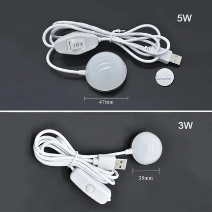 Mini USB LED Bulb with Switch and Magnetic Base, 3W/5W, 1.5M USB Cable, Ideal for Reading in Dormitories and Bedrooms