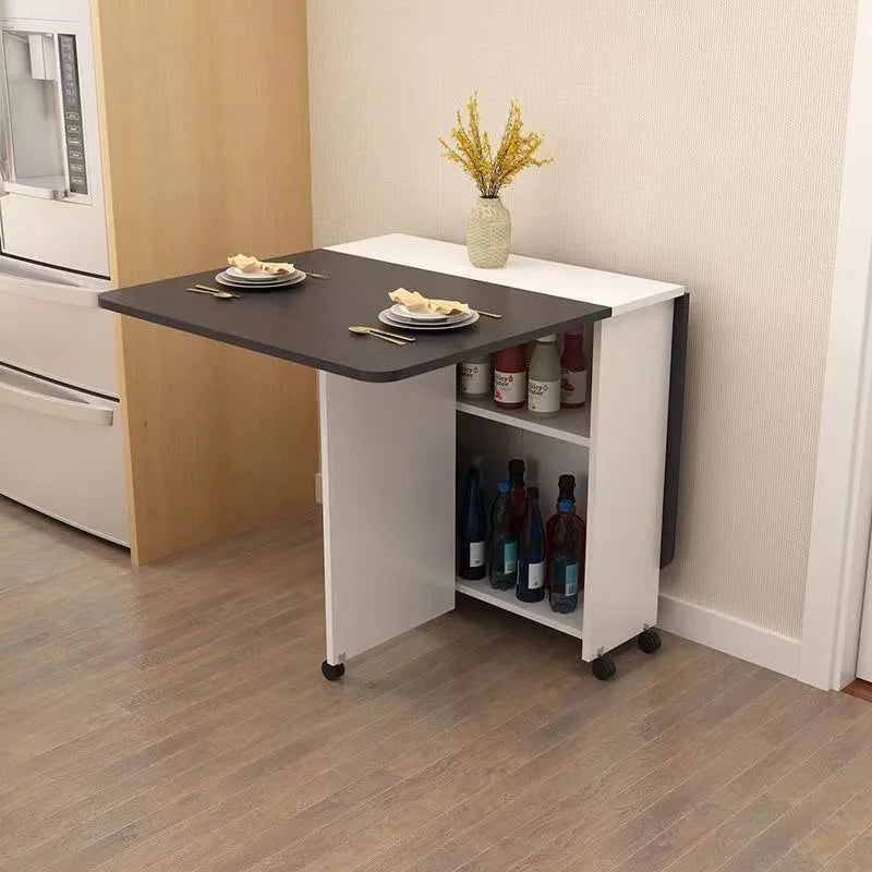 Retractable Rectangular Folding Dining Table with Movable Wheels for Small Apartments
