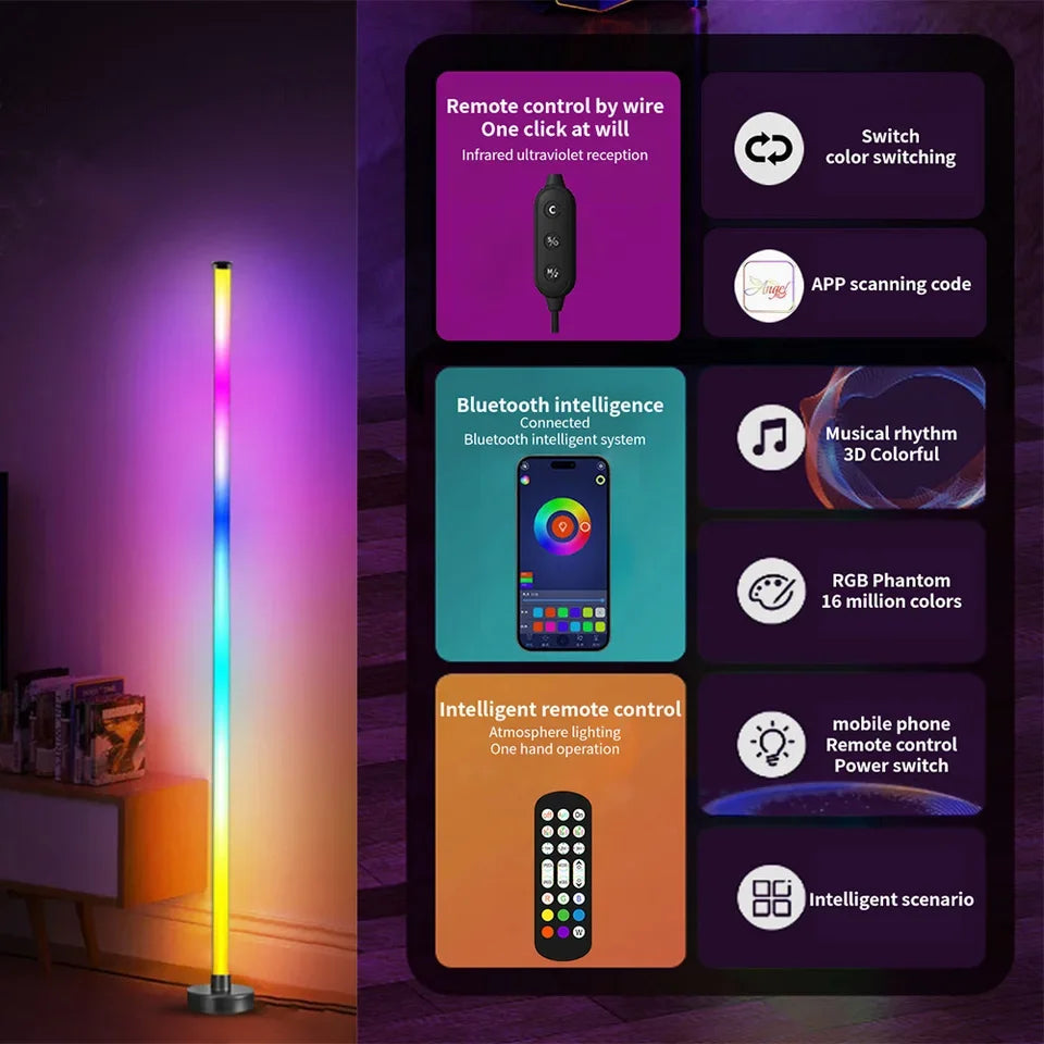 Smart RGB LED Floor Lamp with Remote and App Control, Music Sync, Timer Feature - Modern Mood Lighting for Living Room and Gaming Spaces