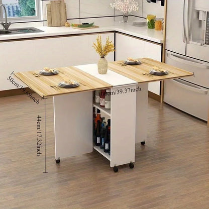 Retractable Rectangular Folding Dining Table with Movable Wheels for Small Apartments