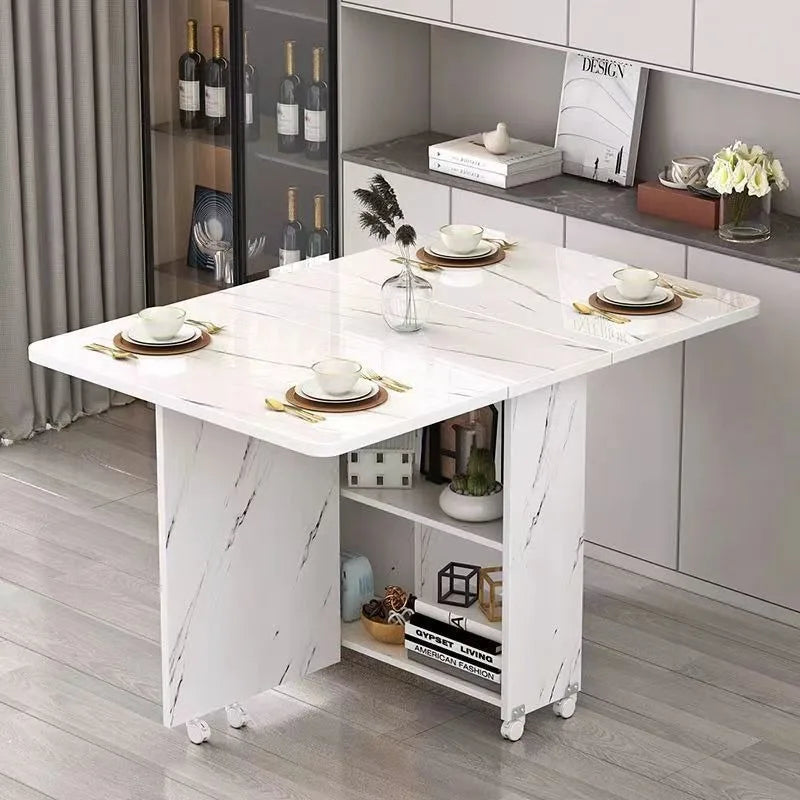Retractable Rectangular Folding Dining Table with Movable Wheels for Small Apartments