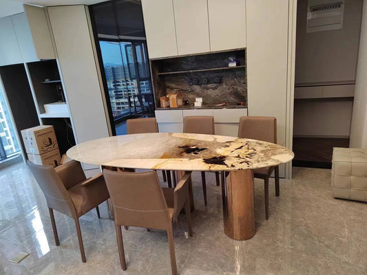 Italian Luxury Stainless Steel Oval Dining Table with Imported Stone Top, Modern Villa Design, Corrosion-Resistant, Heat-Resistant, Easy to Clean