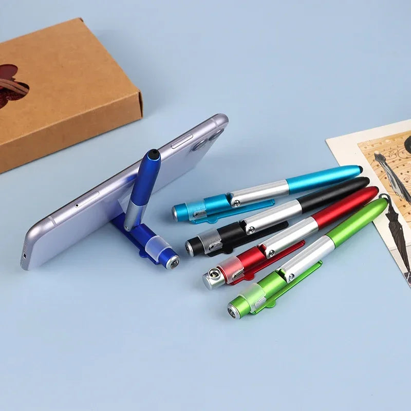 Multi-Function 4-in-1 Foldable Ballpoint Pen with Capacitive Stylus, Flashlight, and Mobile Phone Holder