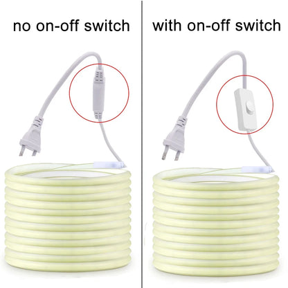 220V Waterproof COB LED Strip with ON/OFF Switch - Flexible Ribbon for Indoor and Outdoor Lighting in Rooms, Bedrooms, Kitchens, and Gardens