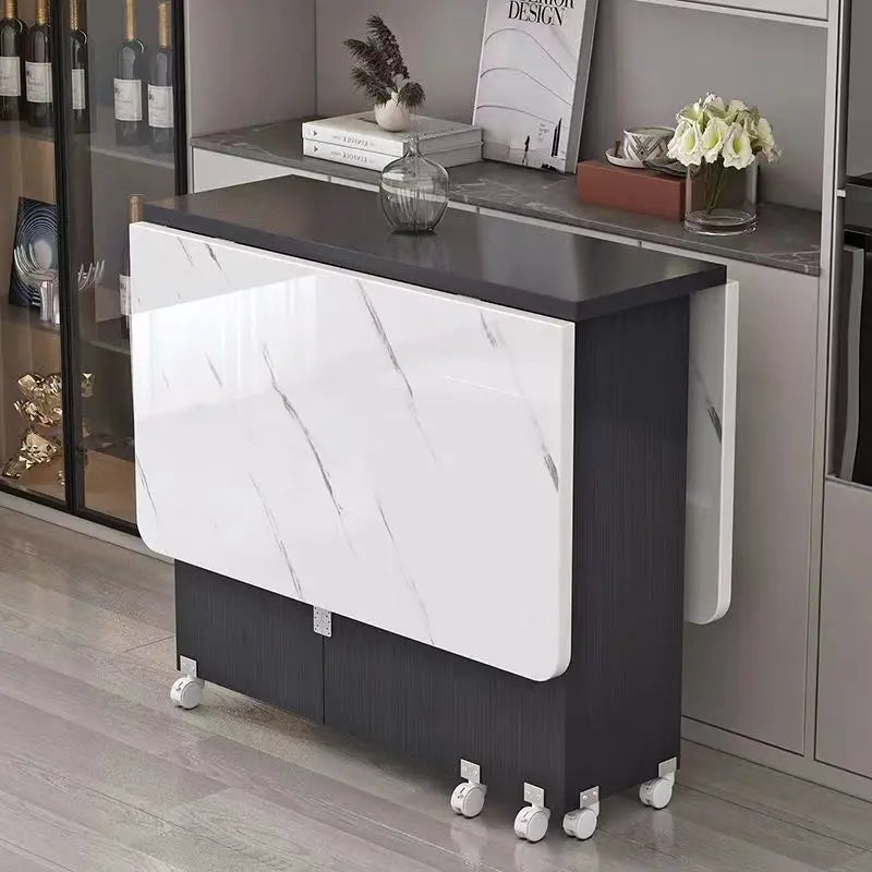 Retractable Rectangular Folding Dining Table with Movable Wheels for Small Apartments